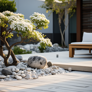 pixelgenuss_deck_with_small_tree_and_white_rocks_and_stones_in__fbf64312-0f8b-4ee2-a1ee-5c95503faa06
